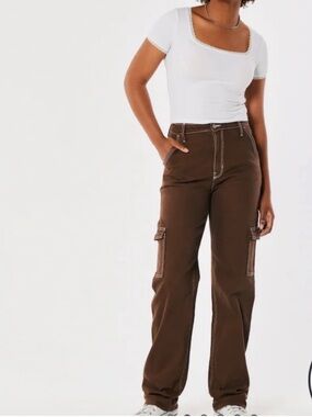 Trending Hollister Ultra High Rise Dad Jeans Cargo Brown Contrast Stitch W27 L31